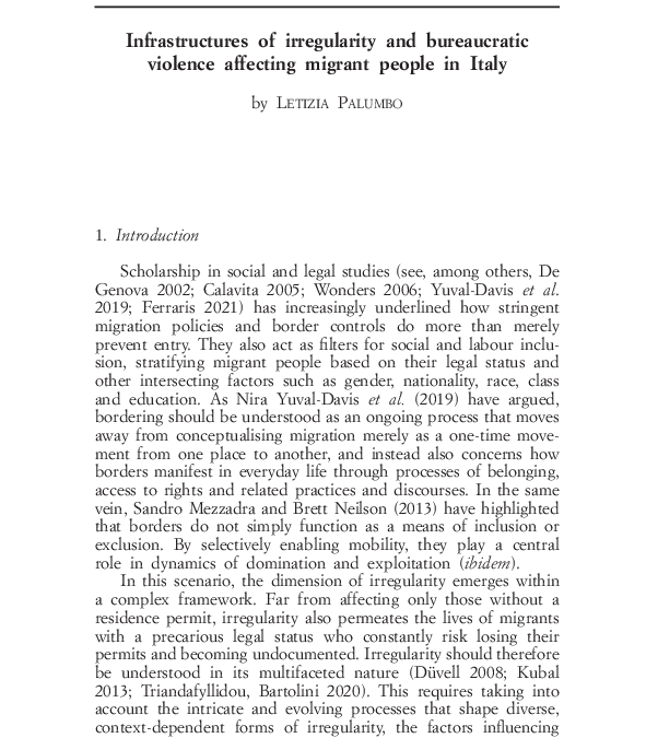 Infrastructures of irregularity and bureaucratic violence affecting migrant people in Italy